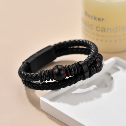 Baseball Beaded Woven Leather Bracelet With Magnetic Buckle