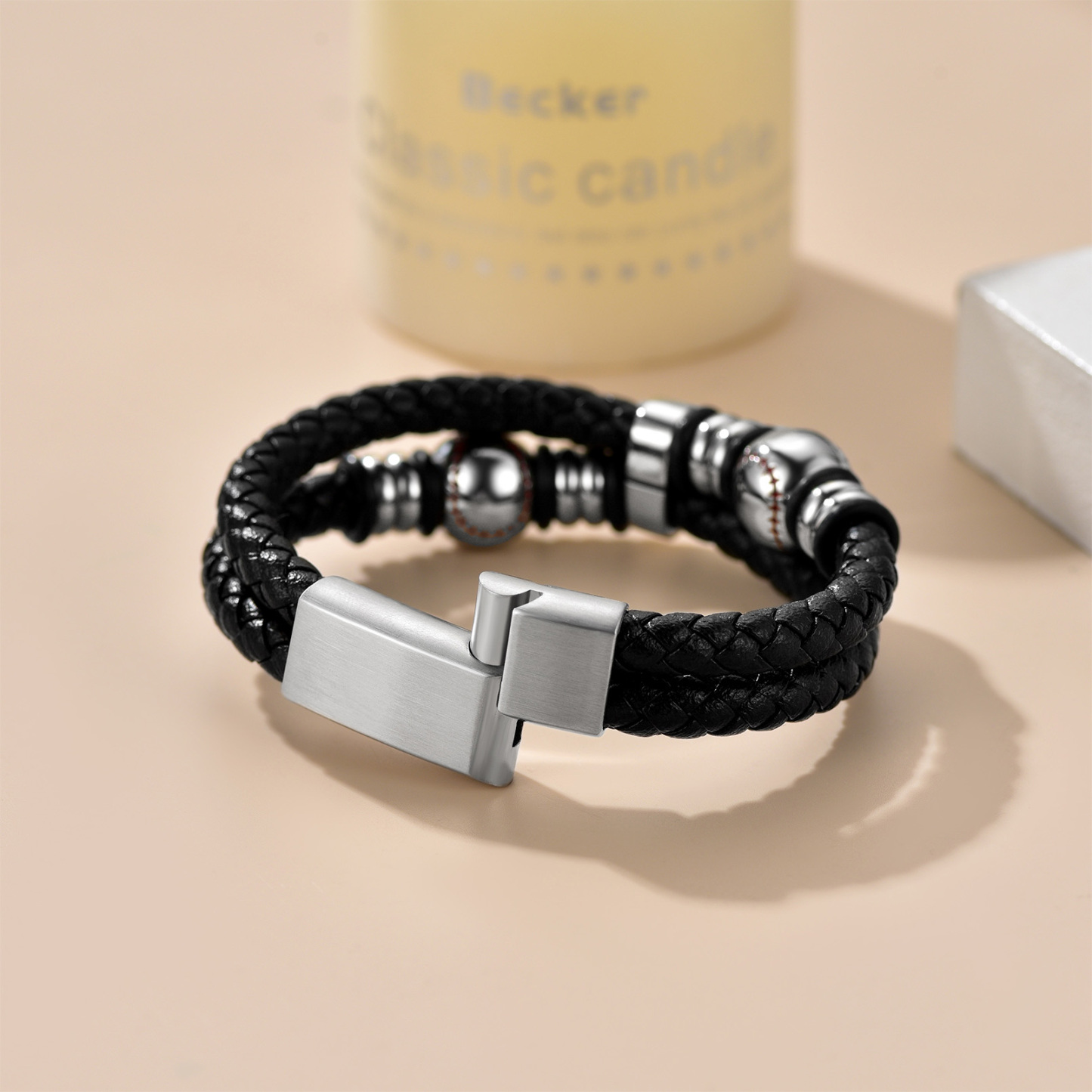 Baseball Beaded Woven Leather Bracelet With Magnetic Buckle