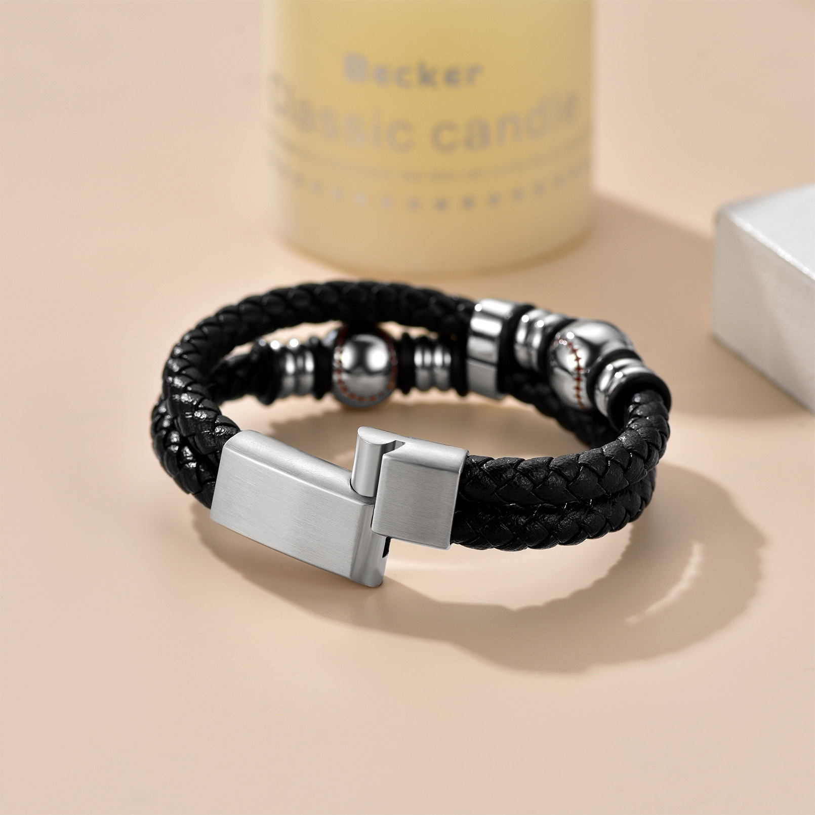 Baseball Beaded Woven Leather Bracelet With Magnetic Buckle