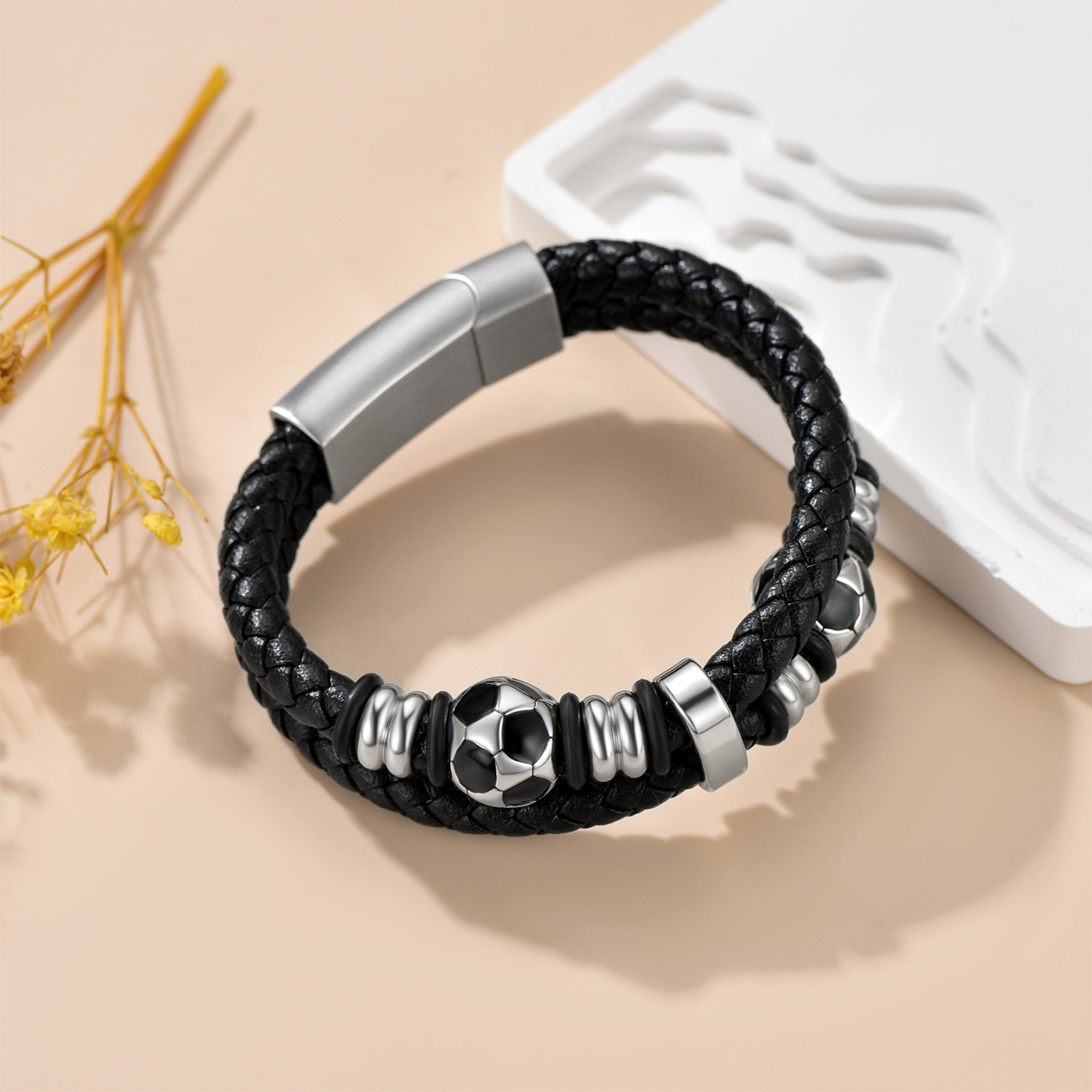 Football Beaded Woven Leather Bracelet With Magnetic Buckle