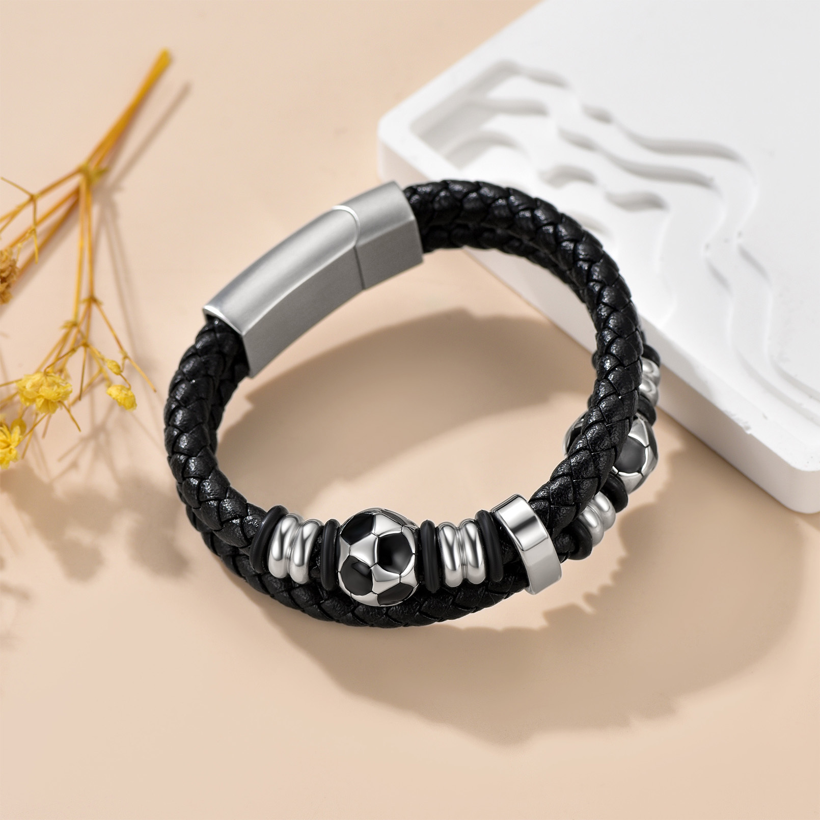 Football Beaded Woven Leather Bracelet With Magnetic Buckle