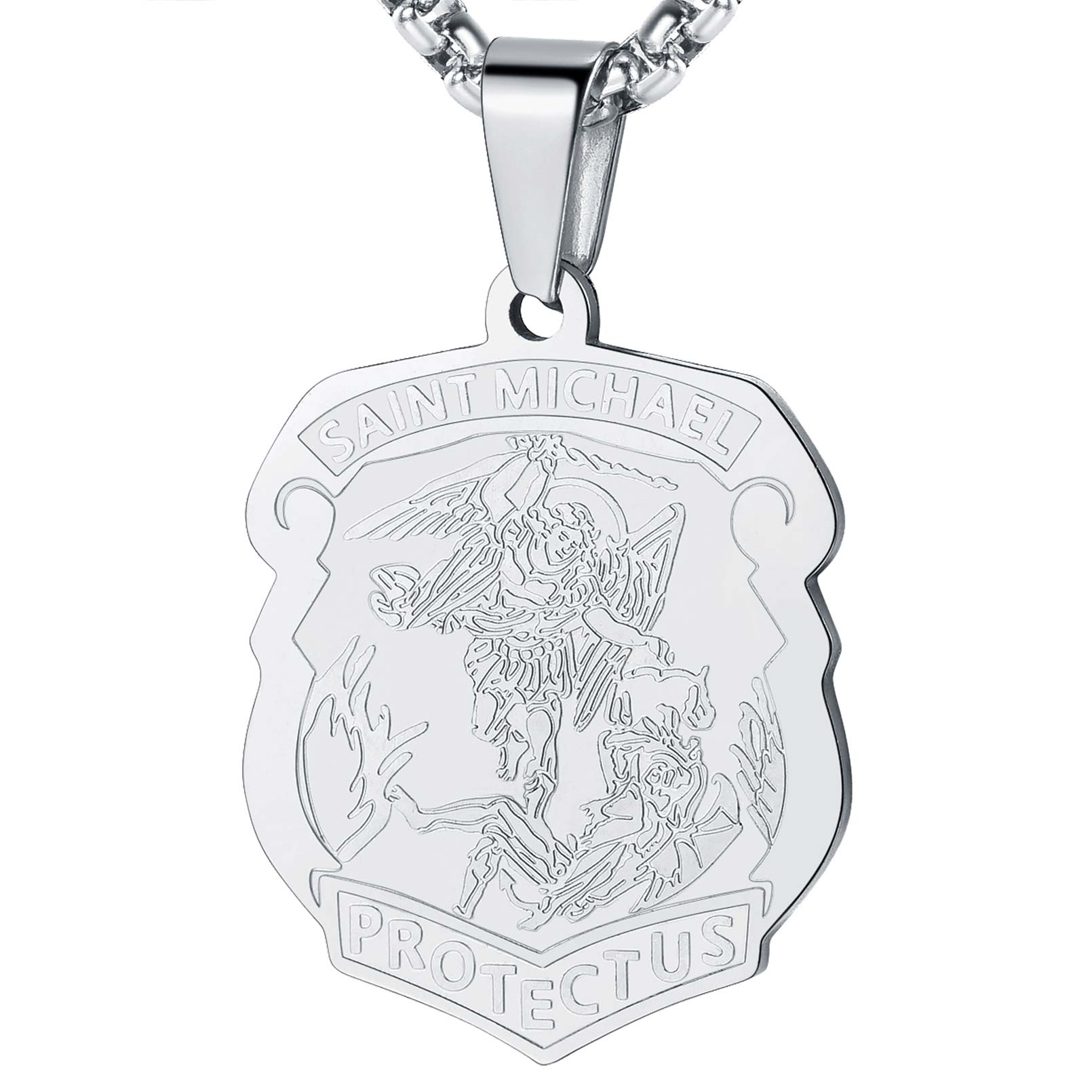 Stainless Steel Saint Michael Archangel Shield Pendant Necklace for Men �C Catholic Religious Jewelry Gift