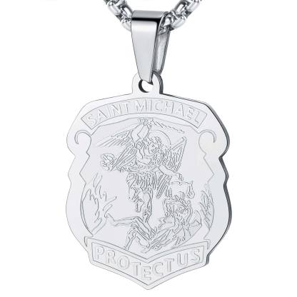 Stainless Steel Saint Michael Archangel Shield Pendant Necklace for Men �C Catholic Religious Jewelry Gift