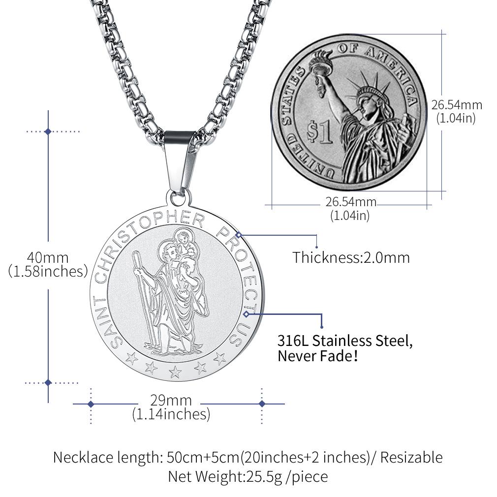 Round St. Christopher Medallion Necklace For Men