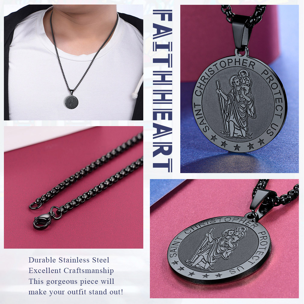 Round St. Christopher Medallion Necklace For Men