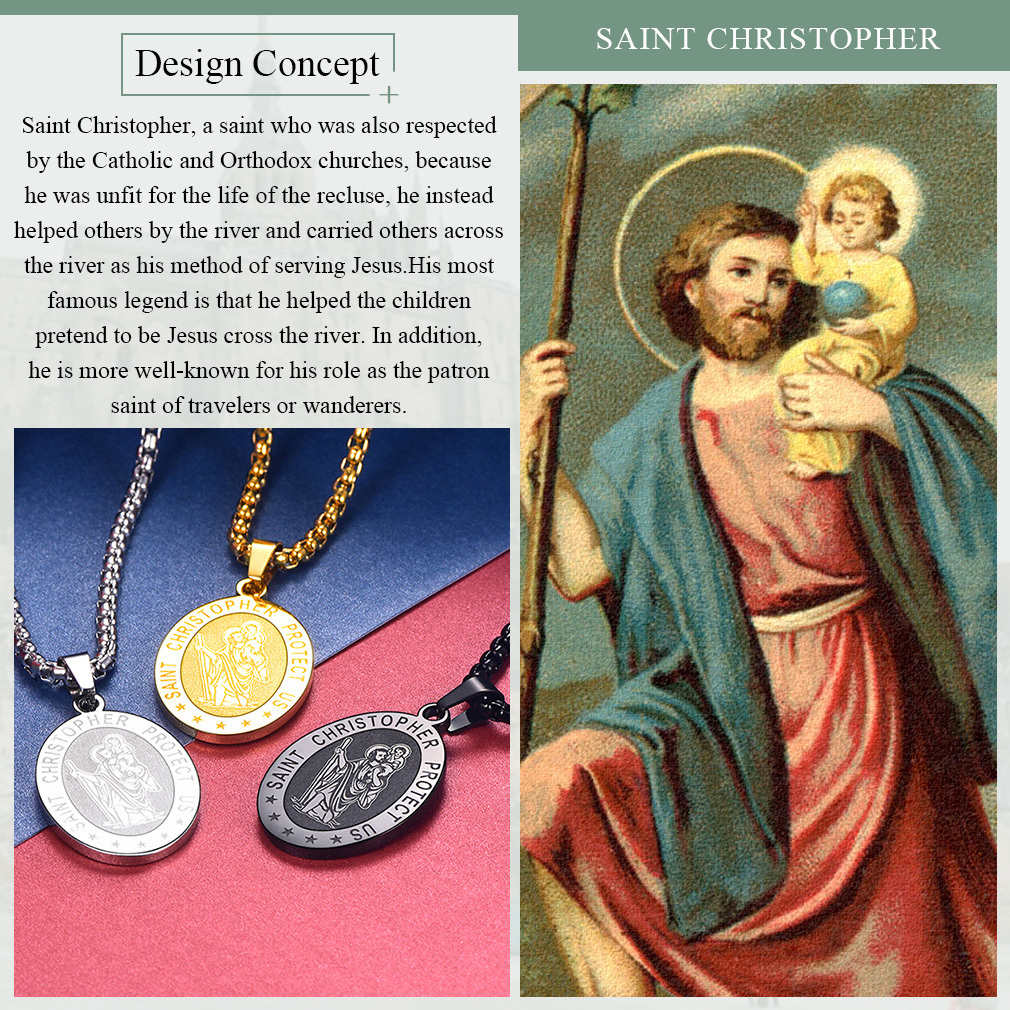religious medallion inspired by Saint Christopher artwork, available in gold silver and black