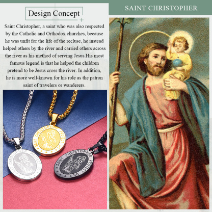 religious medallion inspired by Saint Christopher artwork, available in gold silver and black