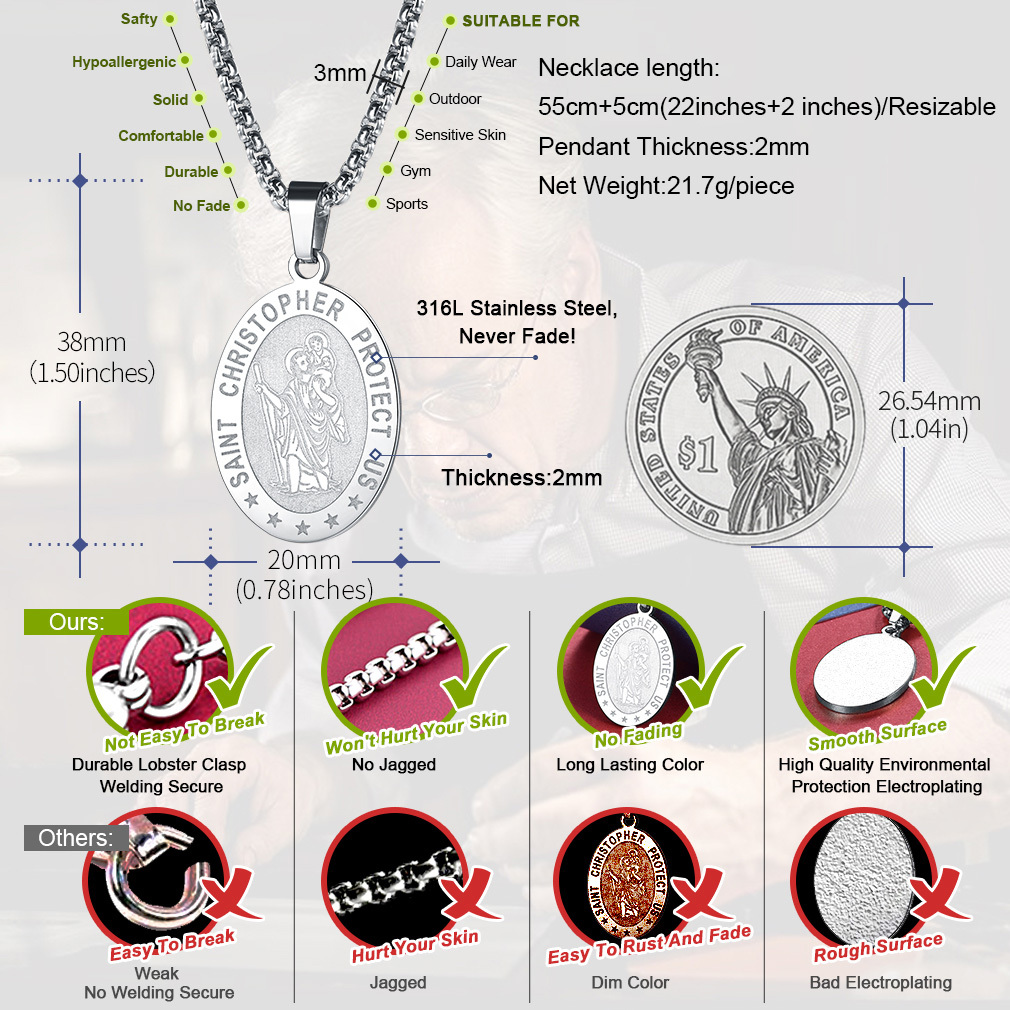 Saint Christopher oval pendant necklace size and dimensions