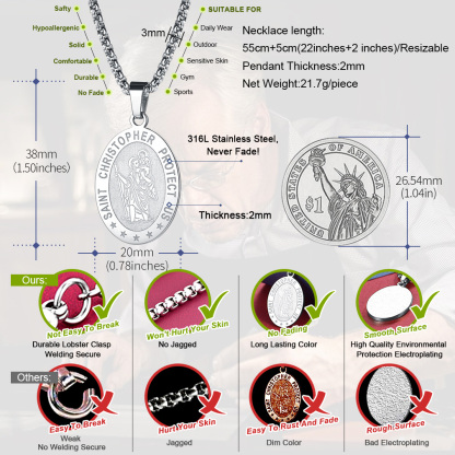 Saint Christopher oval pendant necklace size and dimensions