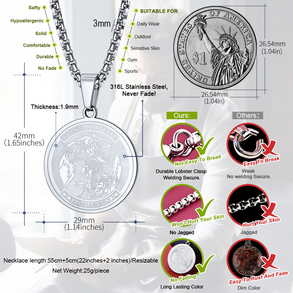 St. Michael Coin Necklace Medal Protection Pendant For Men