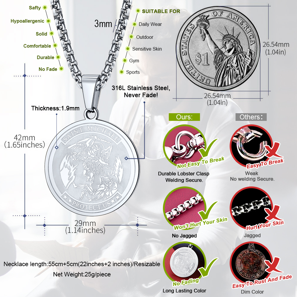 St. Michael Coin Necklace Medal Protection Pendant For Men