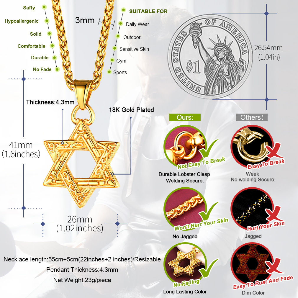 Stainless Steel Star of David Classical Necklace for Men Women