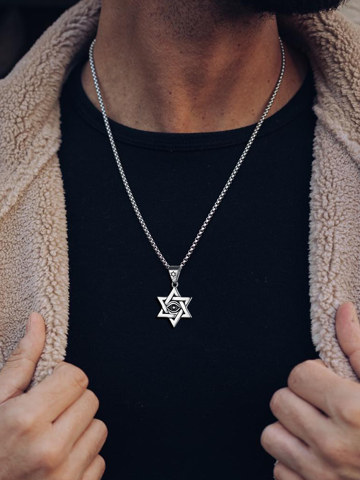Stainless Steel Evil Eye Star of David Pendant for Men Women