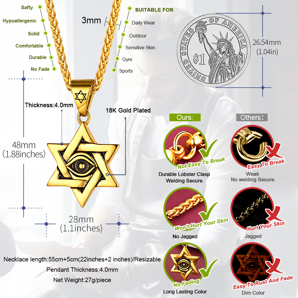 Stainless Steel Evil Eye Star of David Pendant for Men Women