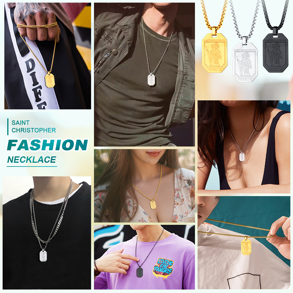 Men and women wearing Saint Christopher pendant necklace