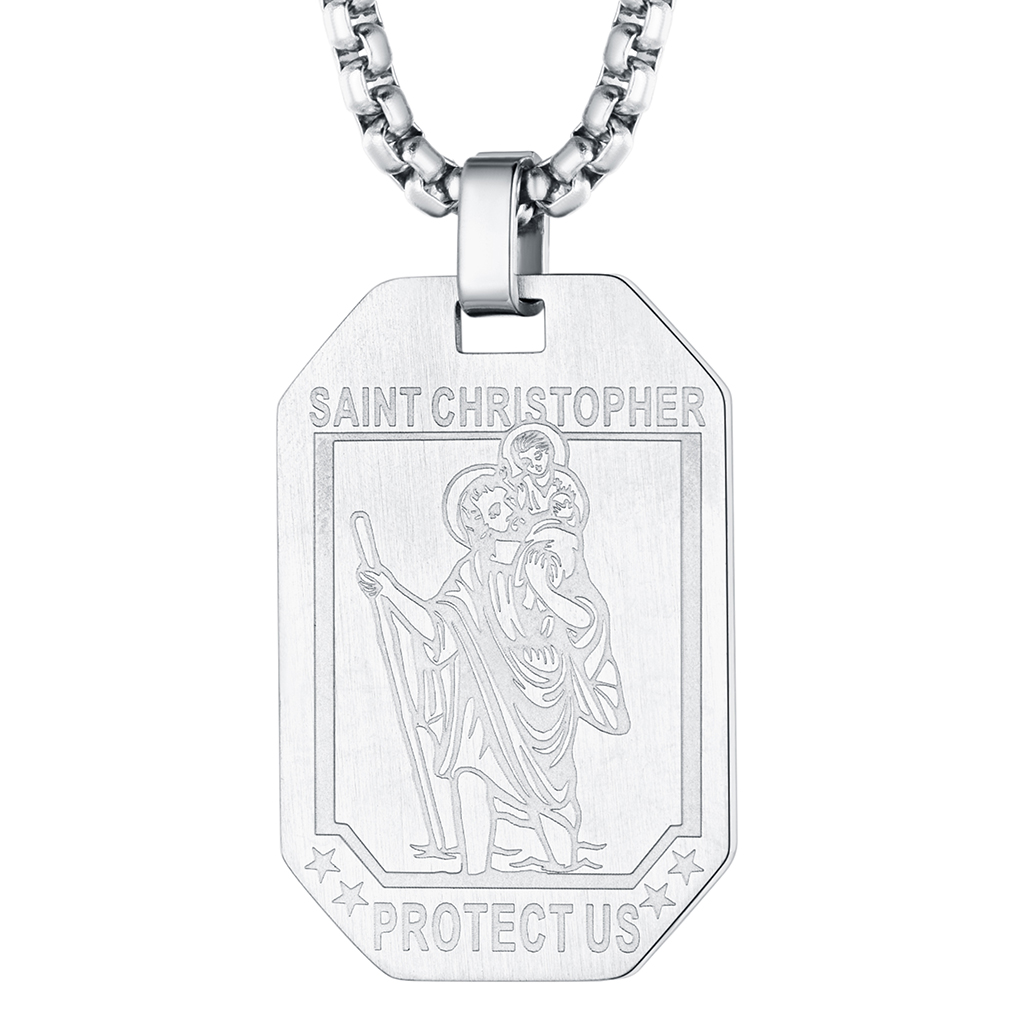 22" Stainless Steel Saint Christopher Shield Pendant Necklace for Men �C Catholic Gift