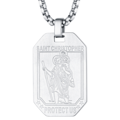 22" Stainless Steel Saint Christopher Shield Pendant Necklace for Men �C Catholic Gift