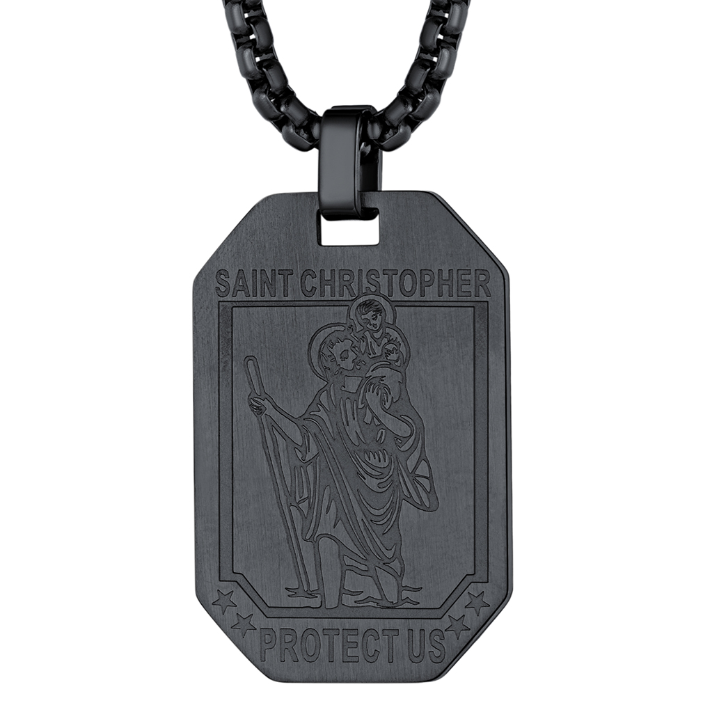 Black Saint Christopher dog tag pendant stainless steel necklace
