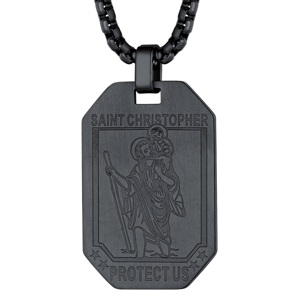 Black Saint Christopher dog tag pendant stainless steel necklace