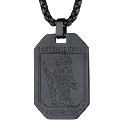 Black Saint Christopher dog tag pendant stainless steel necklace