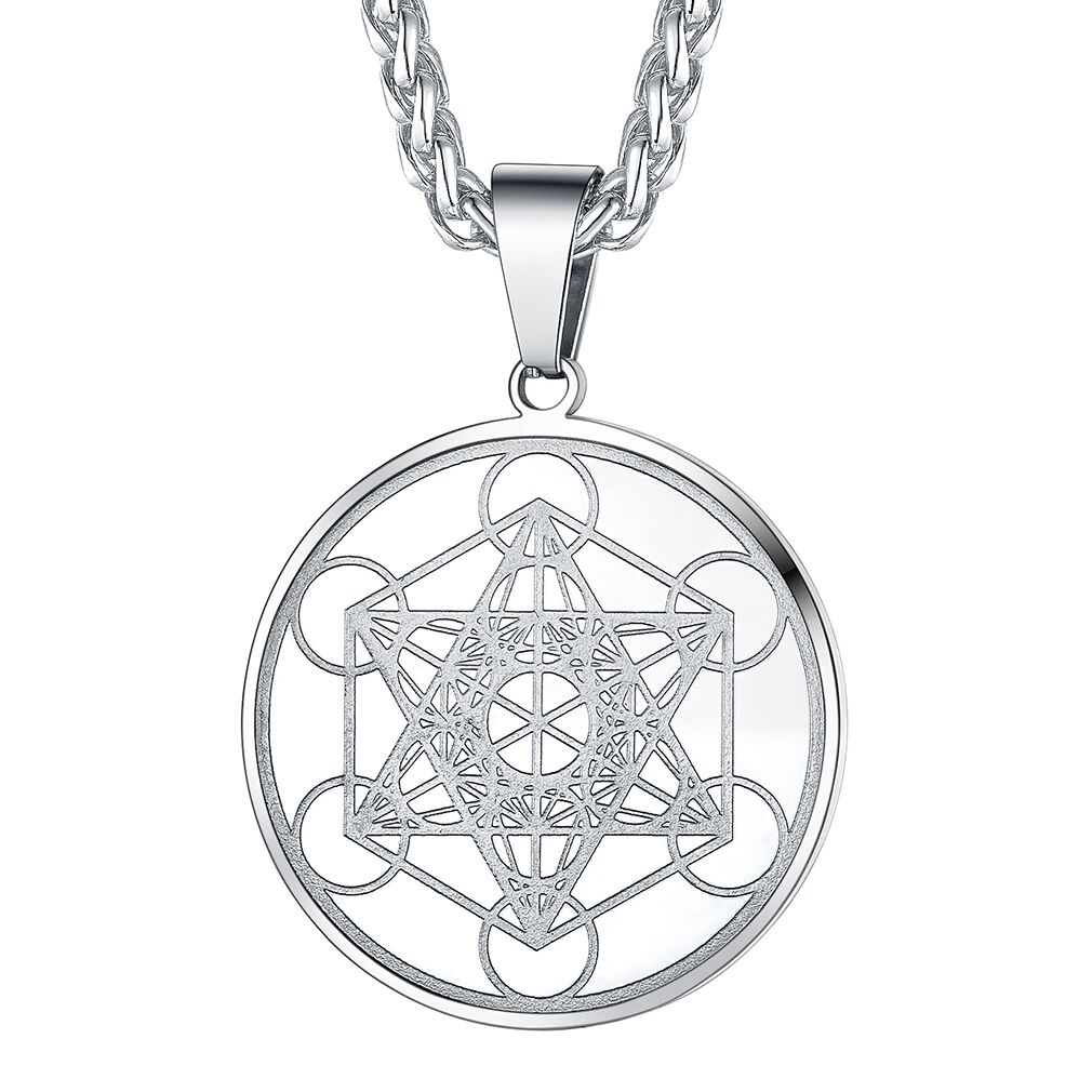 Stainless Steel Metatron's Cube Pendant Necklace 22" for Men Women
