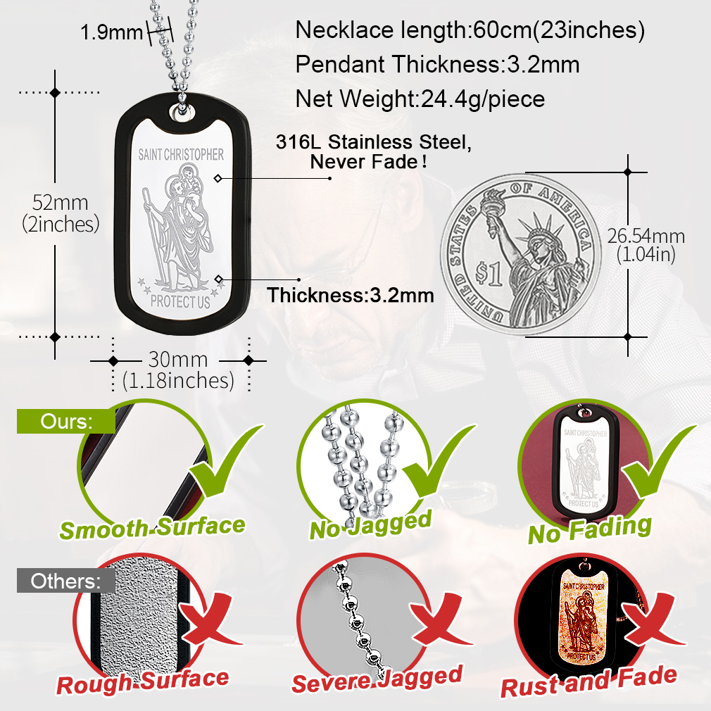 Custom Engraved  St Christopher Pendant Dog Tag Necklace For Men