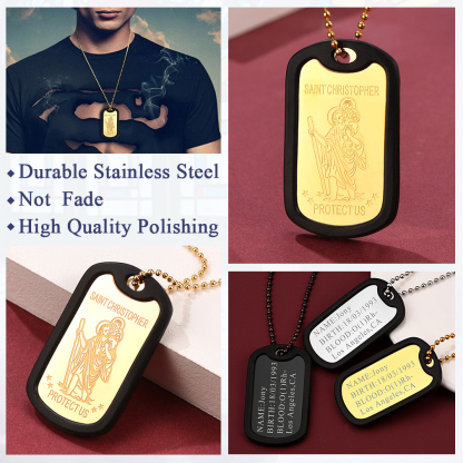 Custom Engraved  St Christopher Pendant Dog Tag Necklace For Men