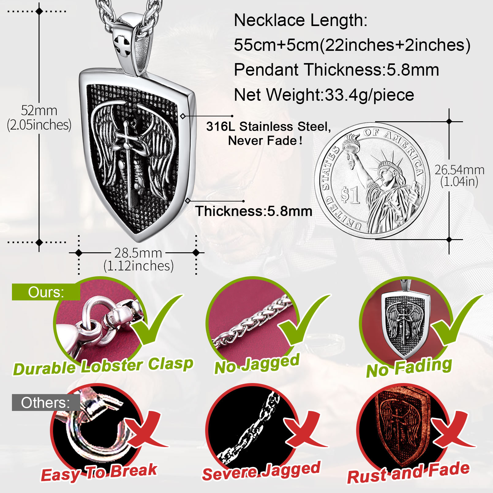 Shield Archangel St. Michael Necklace for Men