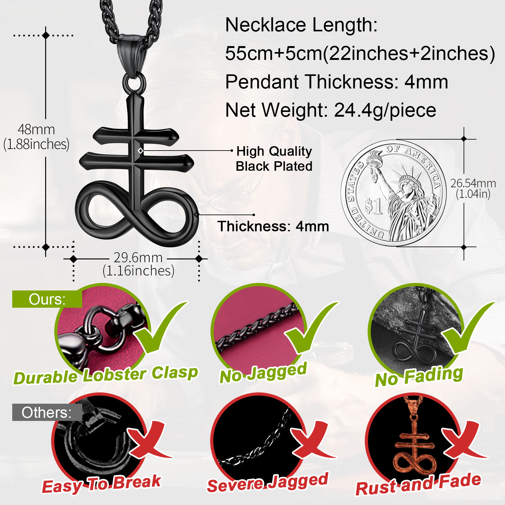 Black Leviathan Cross necklace size chart stainless steel