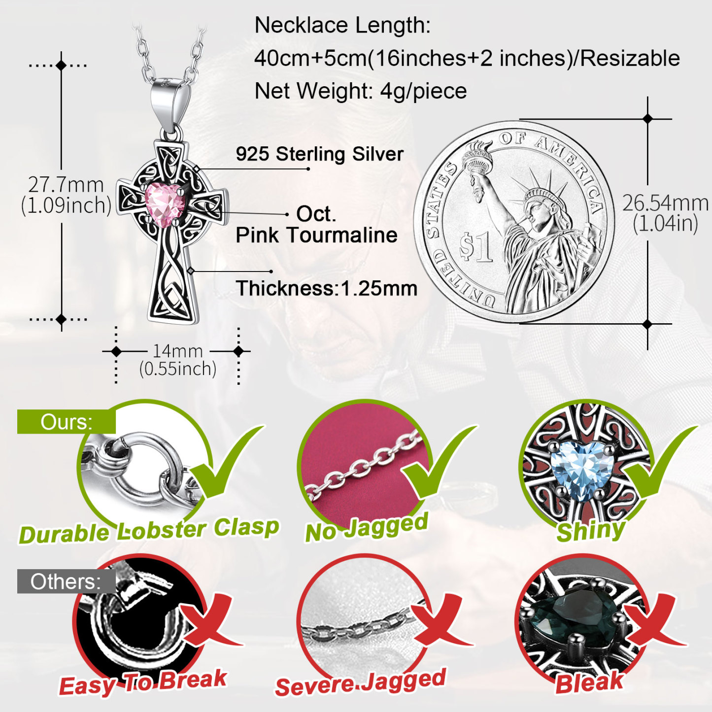 Silver Birthstone Cross Pendant Necklace for Women detail