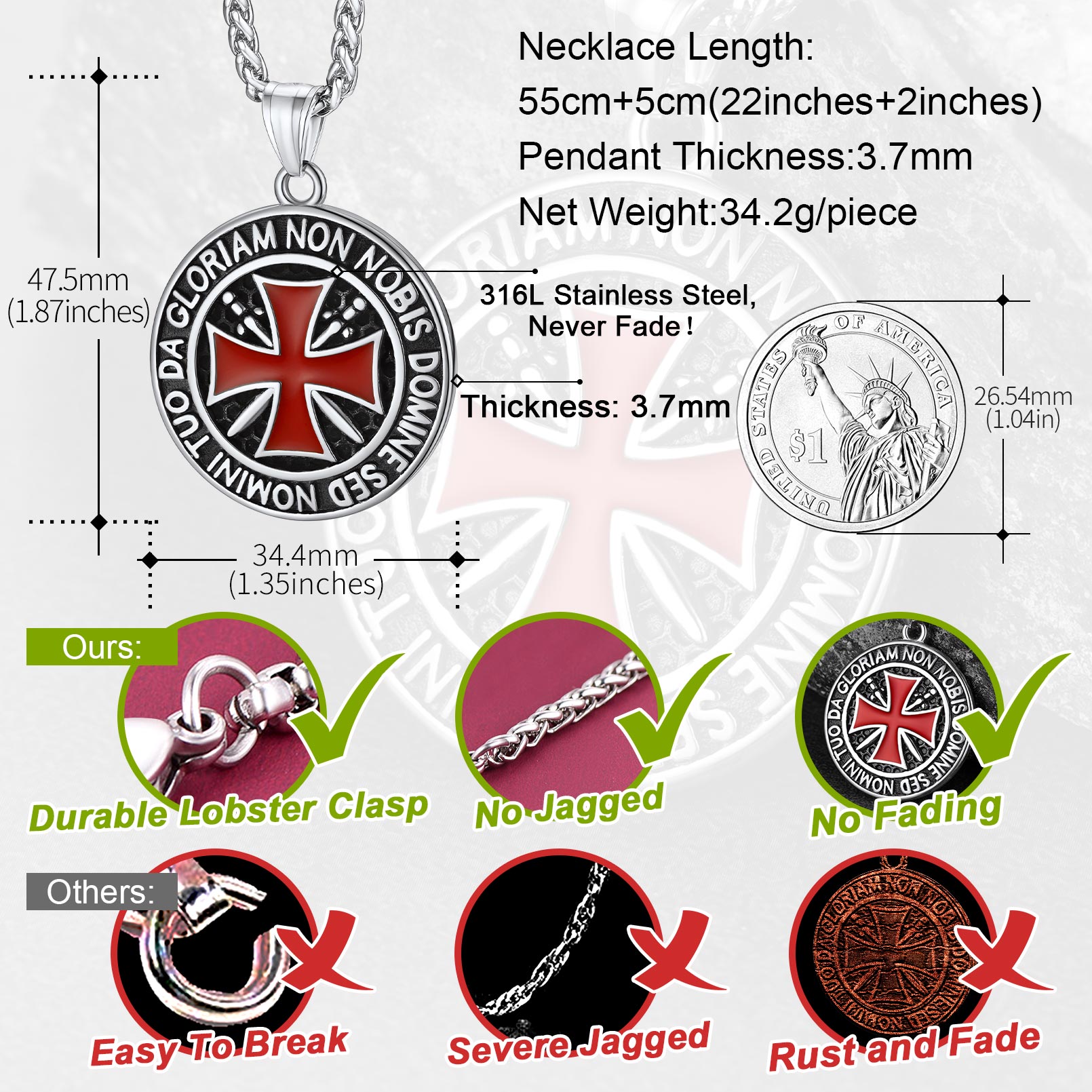 Durable stainless steel Templar cross pendant