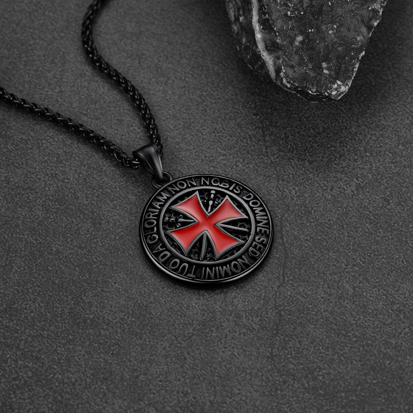 Black Templar cross pendant detailed engraving close up