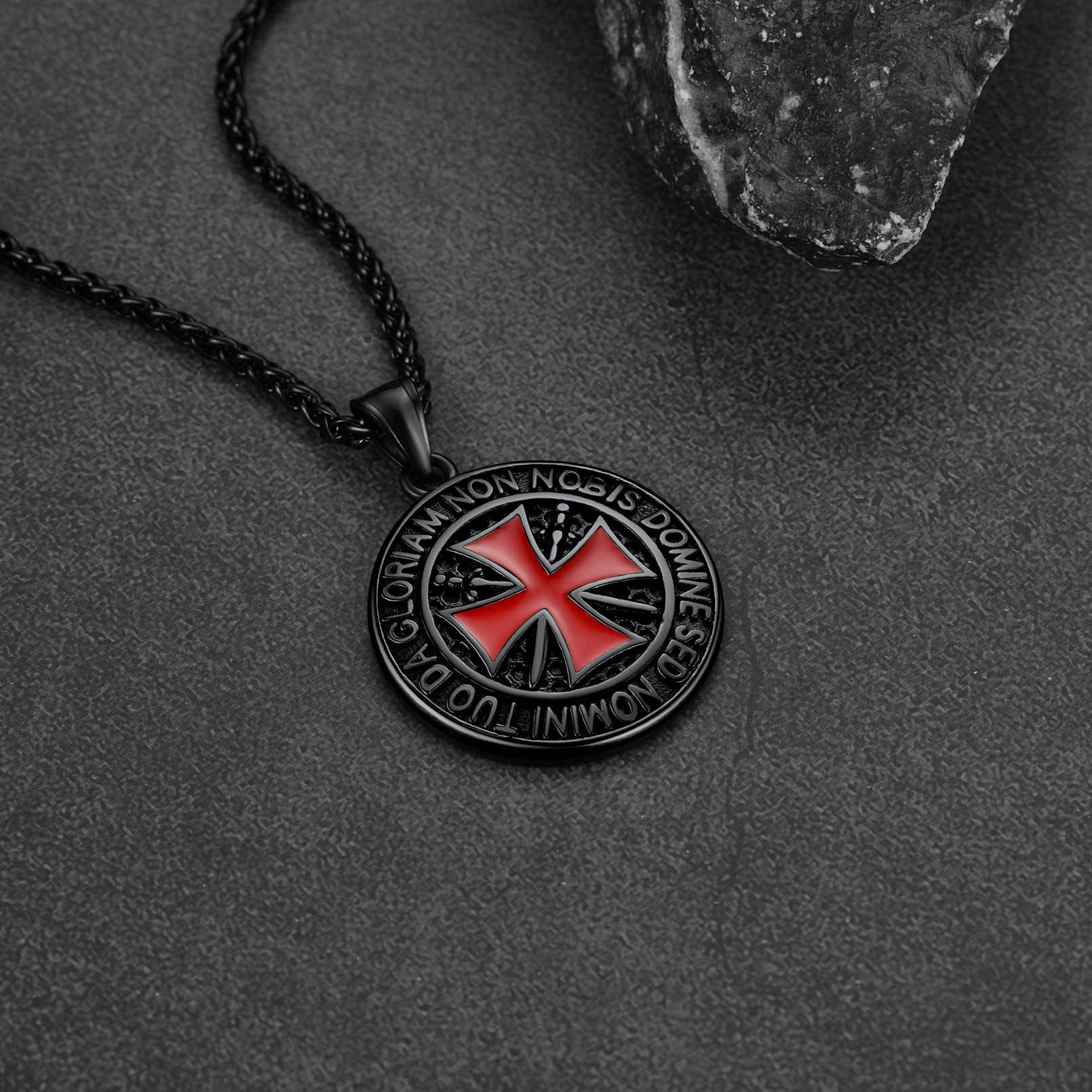 Black Templar cross pendant detailed engraving close up