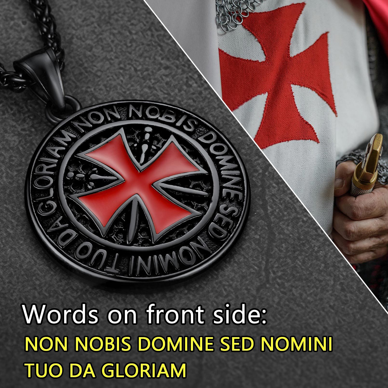 Black Templar cross necklace with red enamel cross, bold knight-inspired jewelry