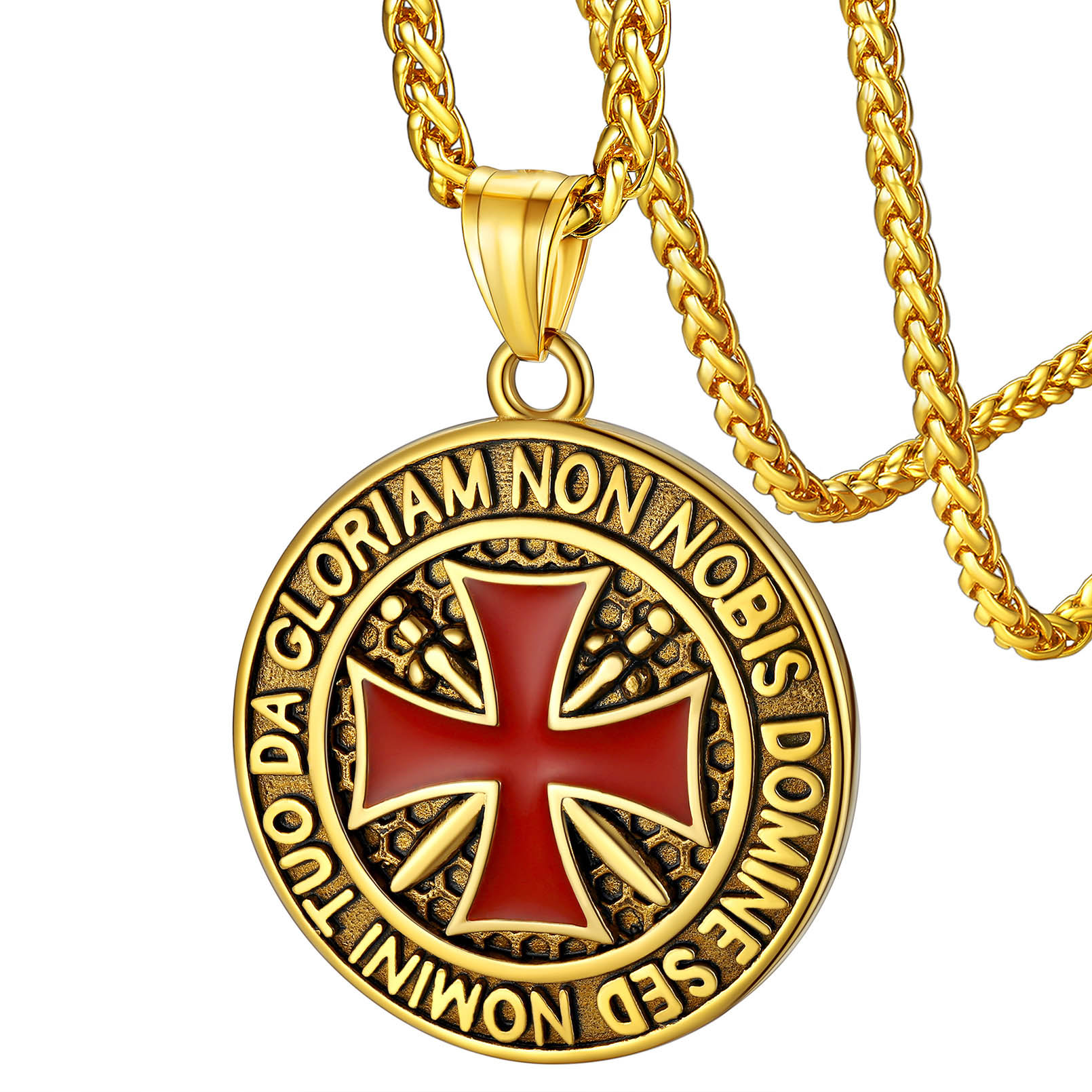 Gold Templar cross pendant necklace with red enamel cross, polished finish