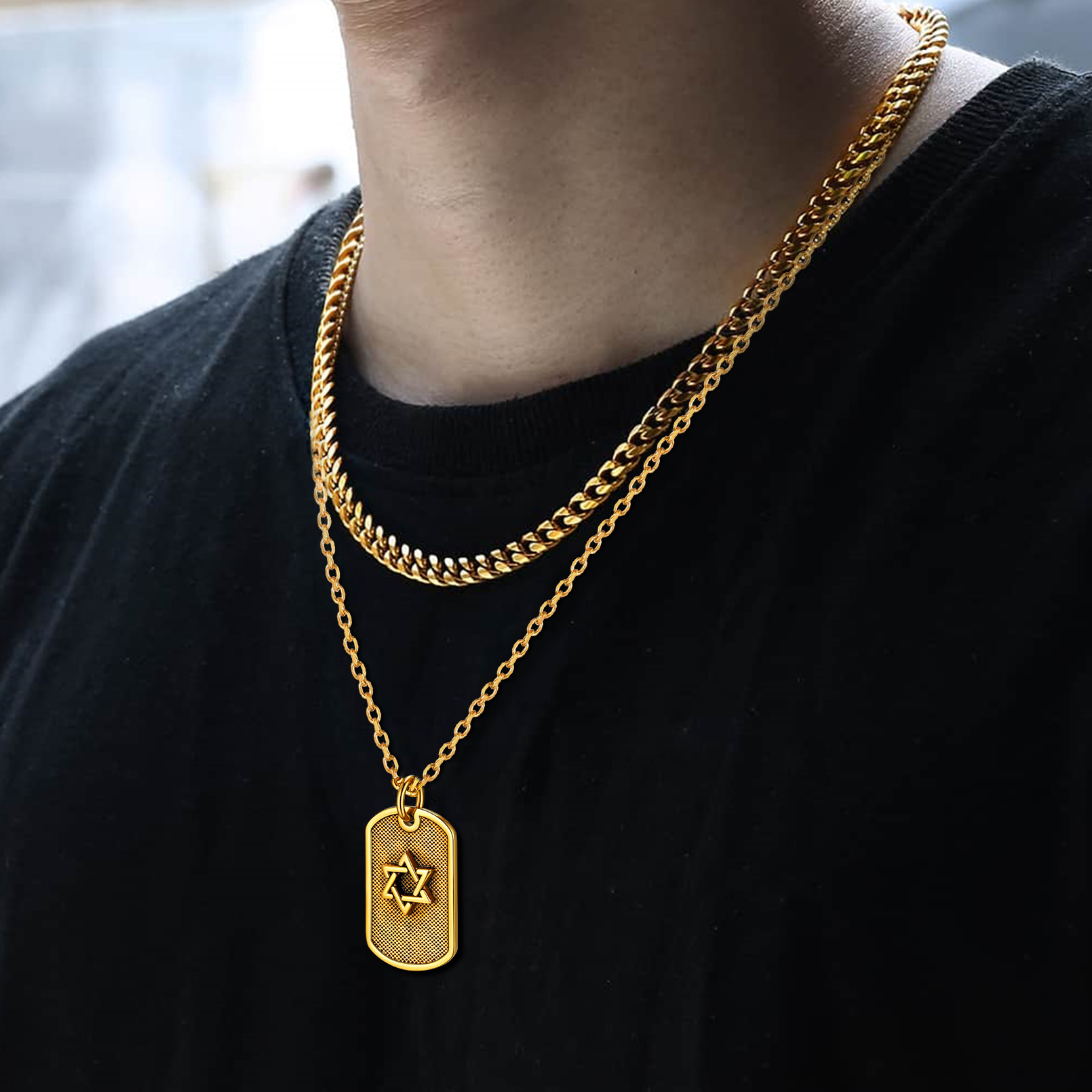 Stainless Steel Star of David Dog Tag Necklace for Men Women