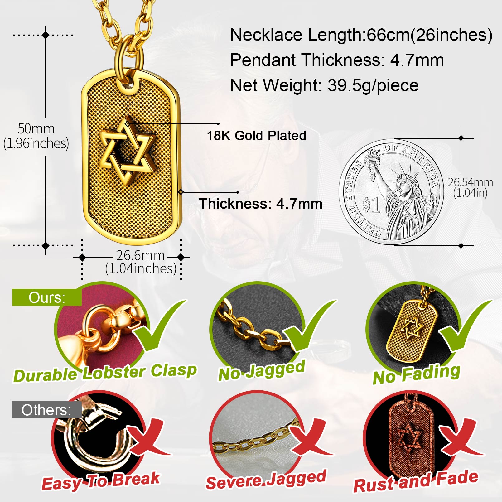 Stainless Steel Star of David Dog Tag Necklace for Men Women