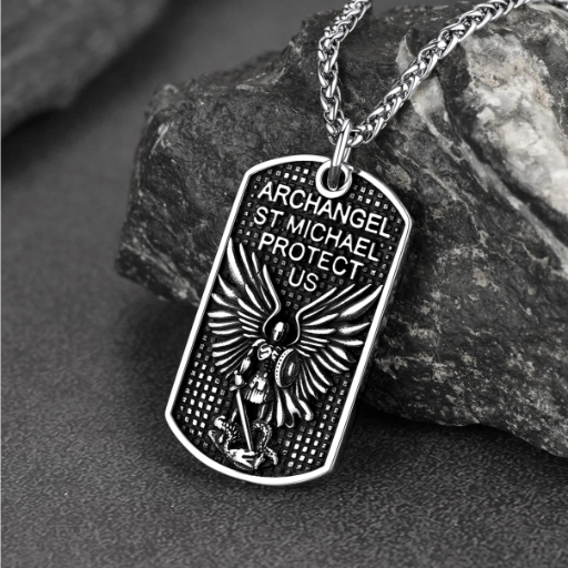 Stainless Steel Religious St. Michael Dog Tag Necklace for Men
