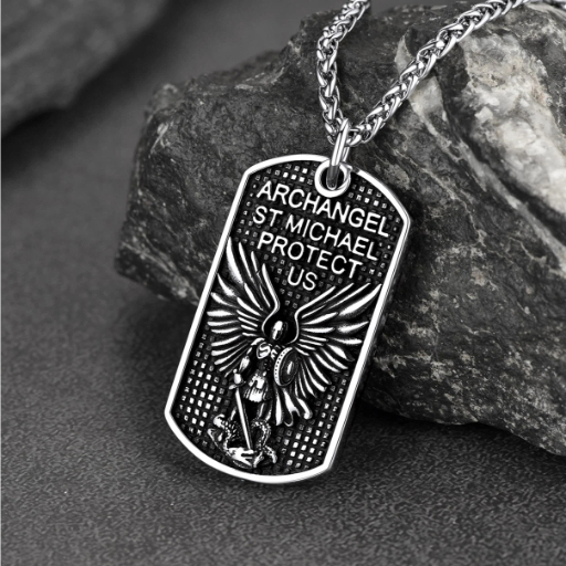 Stainless Steel Religious St. Michael Dog Tag Necklace for Men