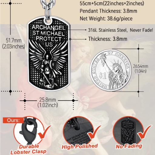 Stainless Steel Religious St. Michael Dog Tag Necklace for Men