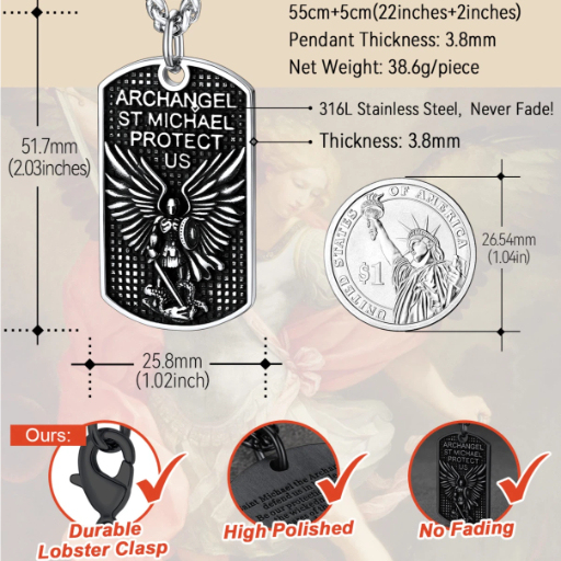 Stainless Steel Religious St. Michael Dog Tag Necklace for Men