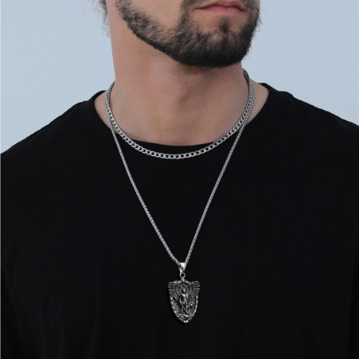 St. Michael Shield Stainless Steel Pendant Necklace for Men