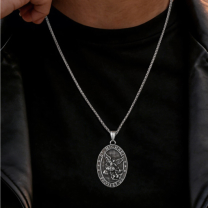 Stainless Steel Oval St. Michael Pendant Necklace for Men