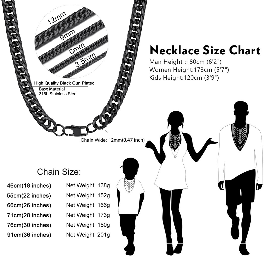 Thick Miami Cuban Chain for Men Women Sieze Chart