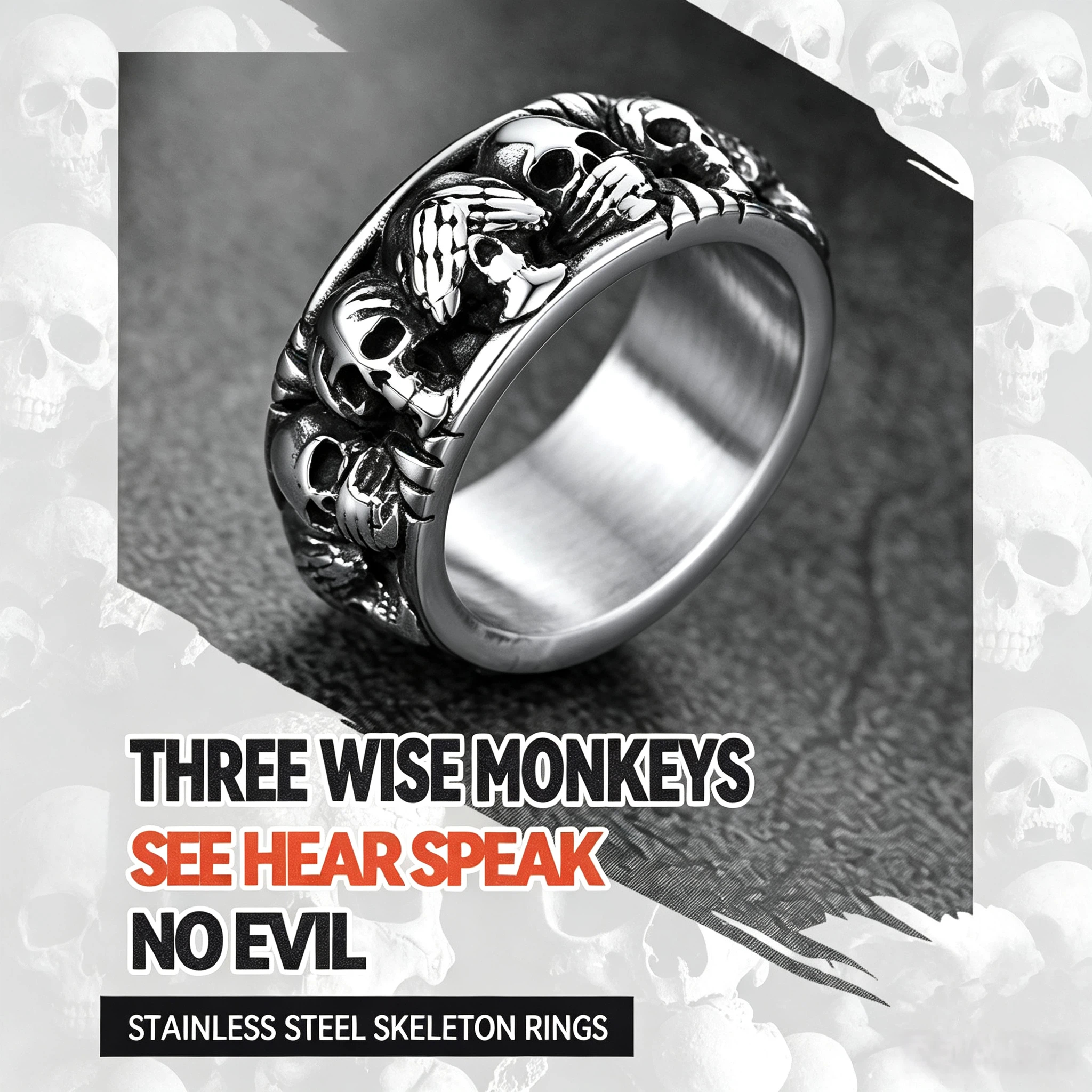 Three Wise Monkeys Retro Skull Ring For Men&Women 