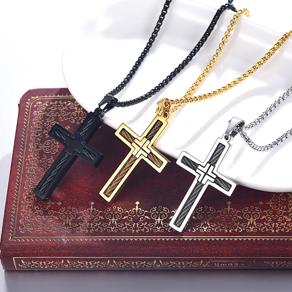 Twisted Pattern Cross Necklace Pendant Stainless Steel Black Silver Gold Collection