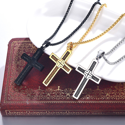 Twisted Pattern Cross Necklace Pendant Stainless Steel Black Silver Gold Collection