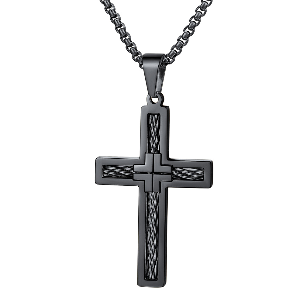 Twisted Pattern Cross Necklace Pendant Stainless Steel Black - main image