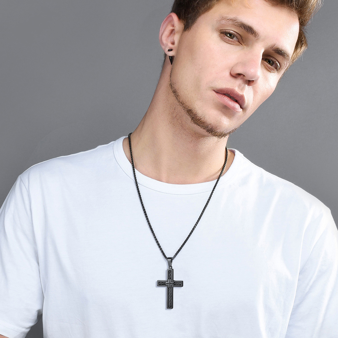 Twisted Pattern Cross Necklace Pendant Stainless Steel Black - model effect