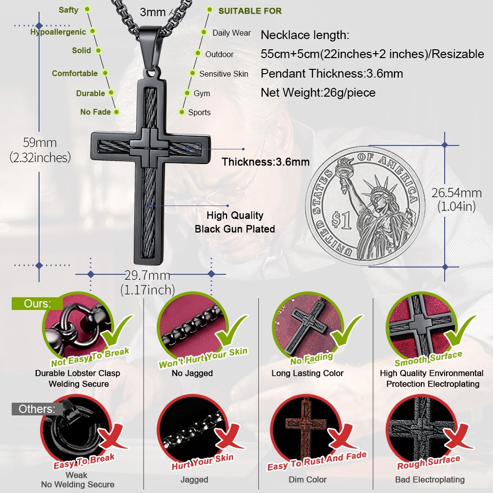 Twisted Pattern Cross Necklace Pendant Stainless Steel Black - product size